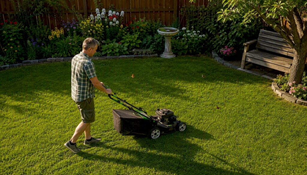 Homeowner mowing lawn in Calgary suburban yard
