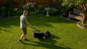 Homeowner mowing lawn in Calgary suburban yard
