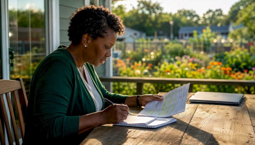 Woman reviewing lawn care contract at office table