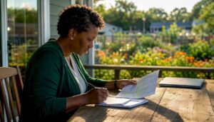 Woman reviewing lawn care contract at office table