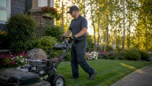 Lawn care technician mowing green suburban lawn