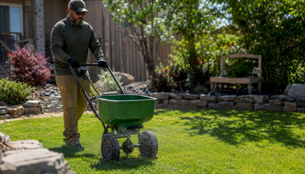 Technician applying fertilizer on Calgary lawn