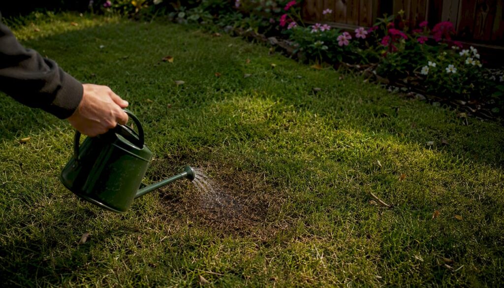 Hand watering dog urine spot on lawn
