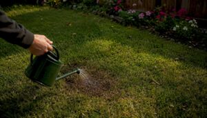 Hand watering dog urine spot on lawn