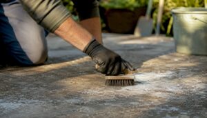 Hands dry scrubbing white efflorescence on concrete