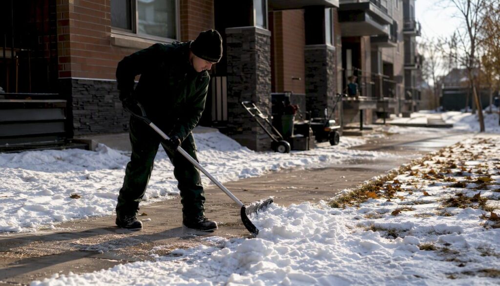 Technician edging commercial lawn near sidewalk with leaf piles