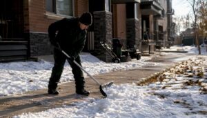 Technician edging commercial lawn near sidewalk with leaf piles