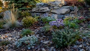 Xeriscape garden bed with mulch and plants