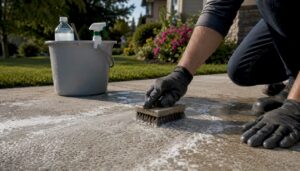 Hands scrubbing salt stains from concrete driveway