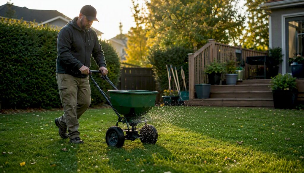 Technician applying fertilizer on a lawn