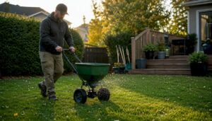 Technician applying fertilizer on a lawn