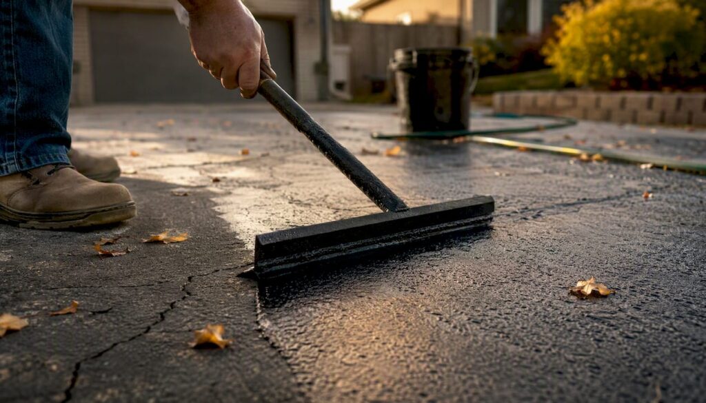 Hand applying driveway sealer with squeegee