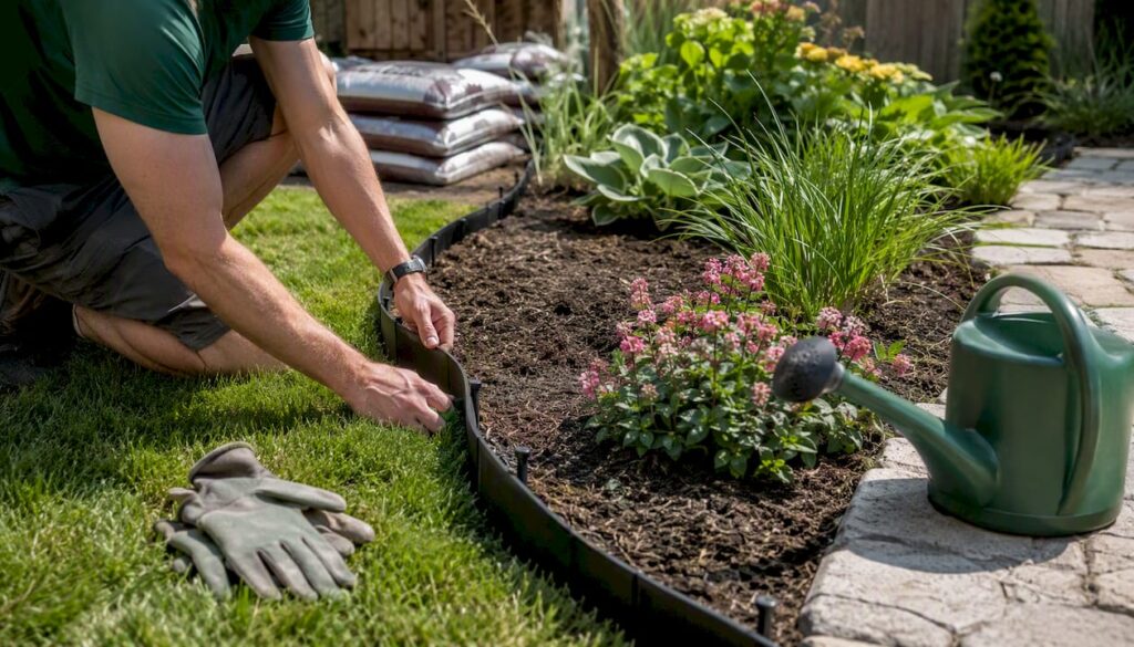 Hands installing aluminium garden edging in Calgary yard