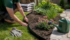 Hands installing aluminium garden edging in Calgary yard