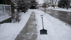 Partially shoveled Calgary sidewalk with snow shovel