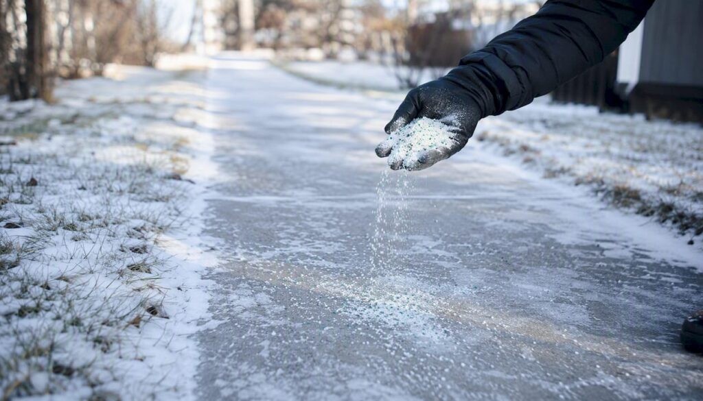 Hand spreading ice melt on driveway