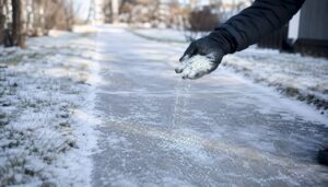 Hand spreading ice melt on driveway