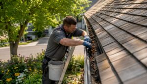 Checking roof gutters during spring maintenance