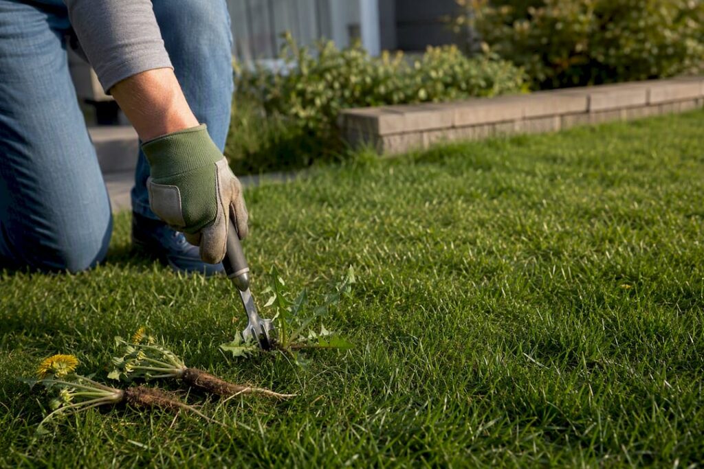 Hand removing dandelions from Calgary lawn