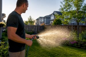 Calgary backyard lawn being watered with sprinkler