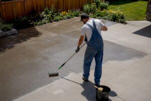 Applying concrete sealer on driveway with roller