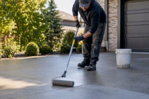Applying sealer to driveway concrete