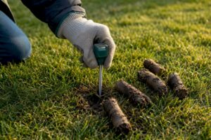 Soil thermometer beside fresh lawn aeration plugs