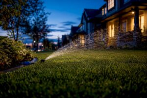 Sprinkler watering Calgary residential lawn