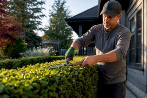 Landscaper trimming a Calgary residential hedge