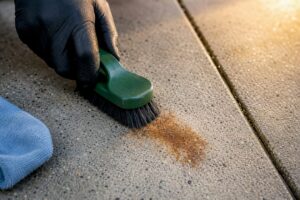 Careful brush treatment of rust-stained concrete
