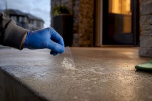 Tape lifting flakes from peeling concrete sealer