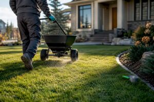 Technician applying granular fertilizer to Calgary lawn