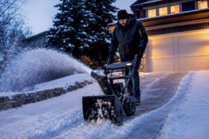 Snow blower clearing a steep Calgary driveway