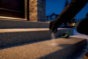 Homeowner applying deicer to concrete steps