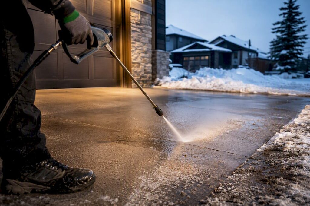 Power washing winter residue from Calgary driveway