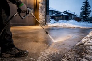 Power washing winter residue from Calgary driveway