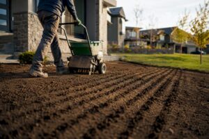 Slit seeder repairing compacted construction lawn