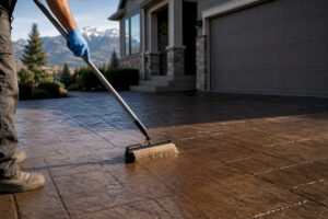 Worker resealing a stamped concrete driveway