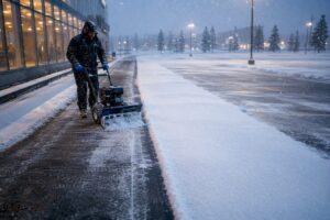 Commercial walkway being cleared during snowfall