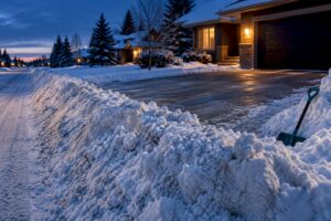 Packed snow windrow blocking Calgary driveway