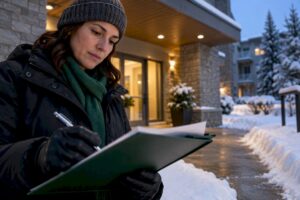 Property manager reviewing snow contract after snowfall