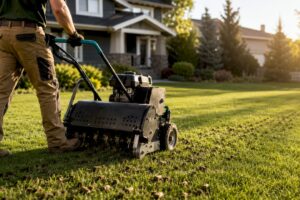 Technician aerating a Calgary residential lawn