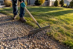 Gravel scattered across a Calgary residential lawn