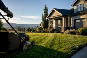 Lawn receiving final mowing before vacation
