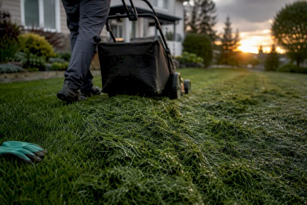 Wet clippings clumping behind a lawn mower