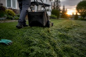Wet clippings clumping behind a lawn mower