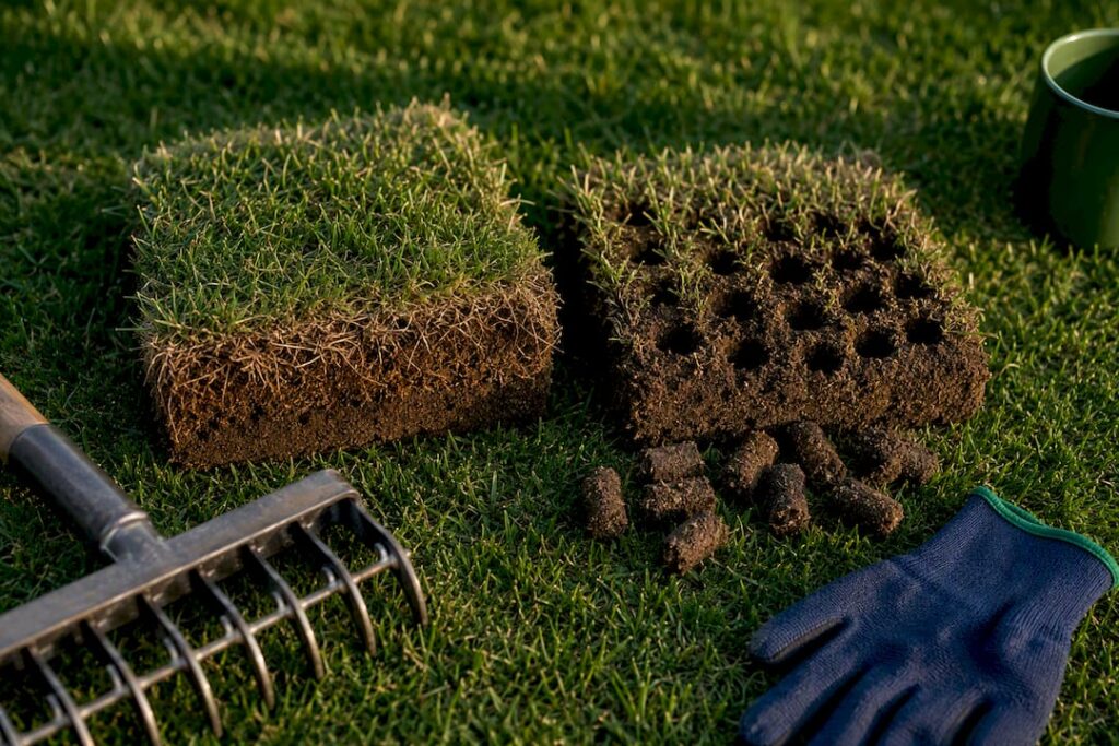 Turf sections showing thatch and aeration soil cores