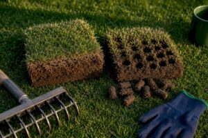 Turf sections showing thatch and aeration soil cores
