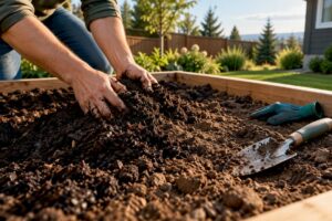 Hands mixing compost and topsoil in raised bed