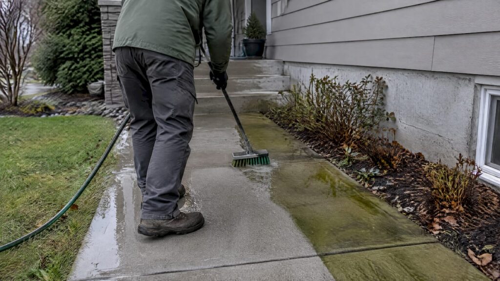 Technician removing algae from concrete walkway